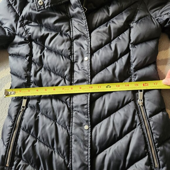 Nine West Faux Fur Collar & Hood Chevron Puffer Coat Jacket Parka Black Sz Small - Picture 3 of 13